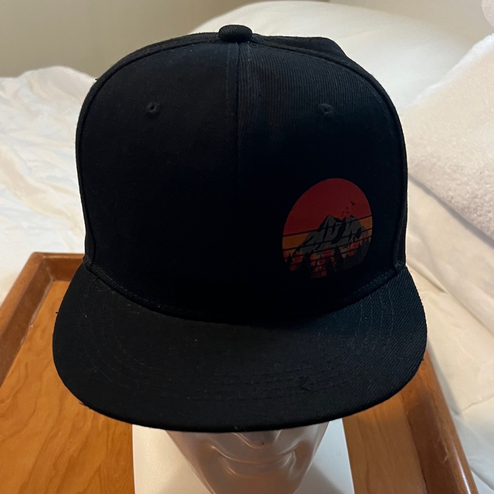 Black Flat-Brim Hat with Sunset Mountain Patch